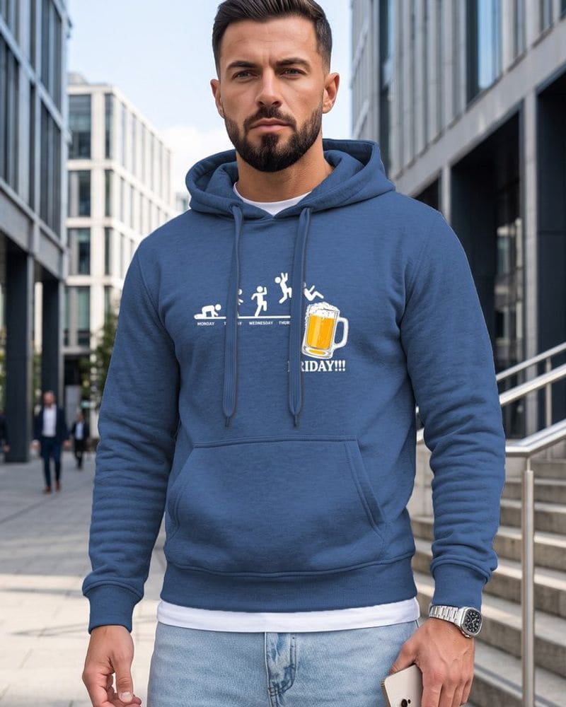 Trendy modrá mikina s potlačou a s kapucňou